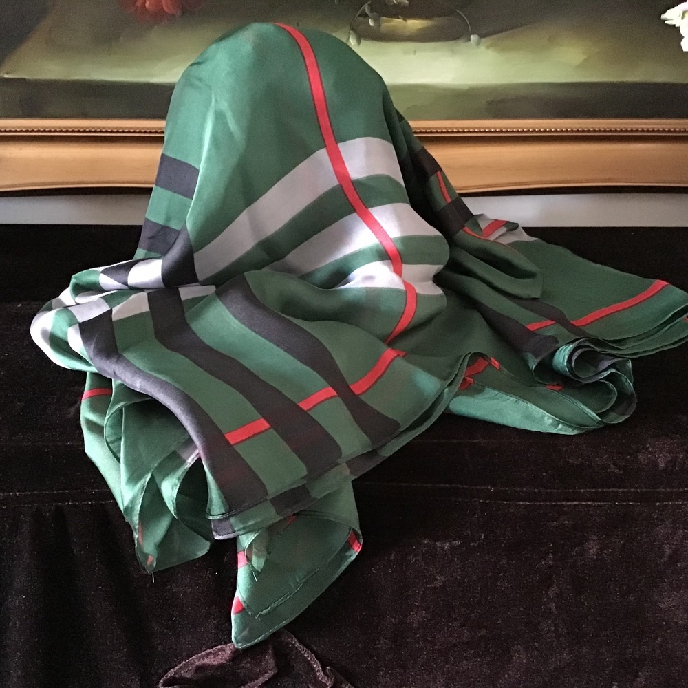 Women silk oversized Nava Check Plaid long scarf shawl wrap 36"x70 Green